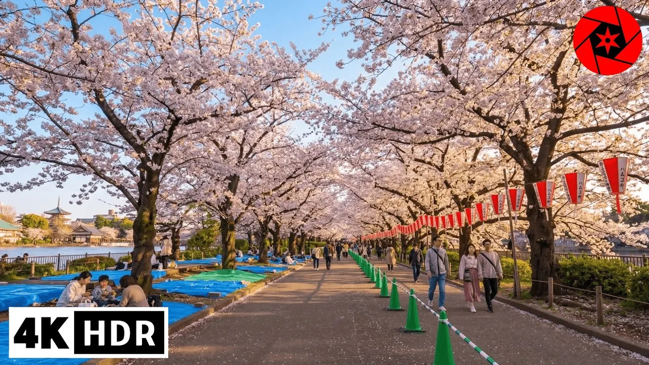 Cherry blossoms lining a path in Ueno Park during spring